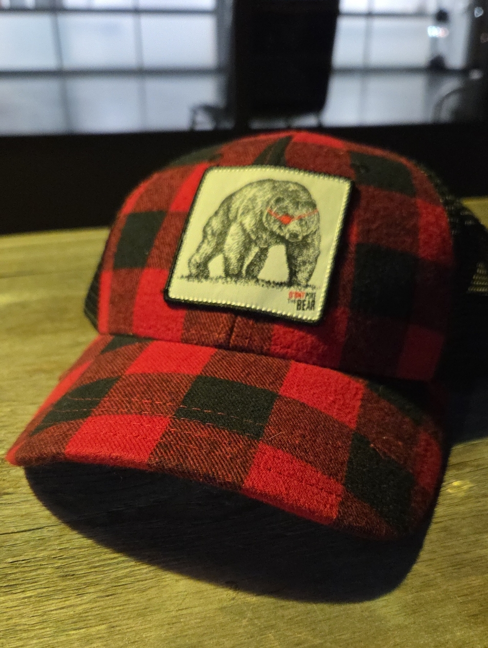 Red and Black Buffalo Plaid Trucker Hat with Bear Patch